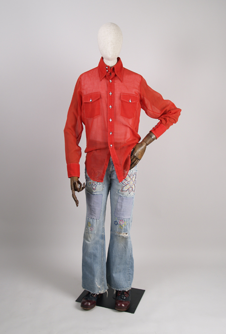 Red Shirt and Embroidered Blue Jeans